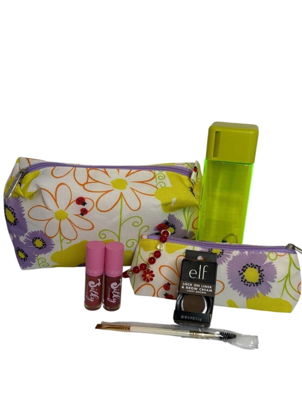 Floral Makeup Bag 7 Piece Beauty Bundle with water bottle and Elf Brow Cream - Picture 4 of 6